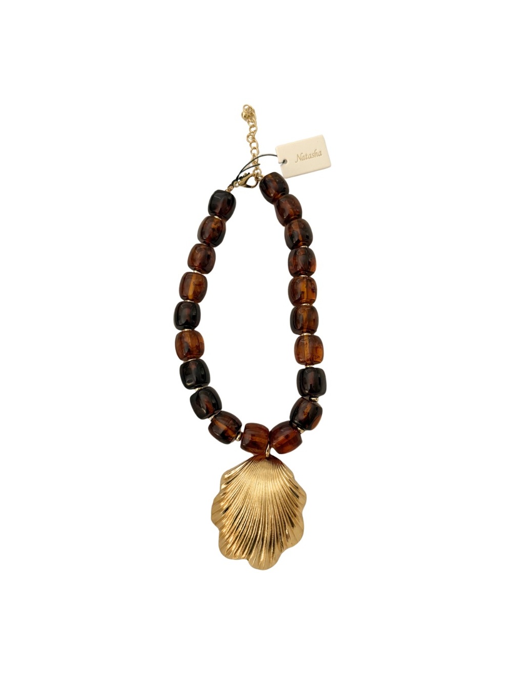 Natasha Amber Bead Necklace with Gold Shell Pendant (new with tag)